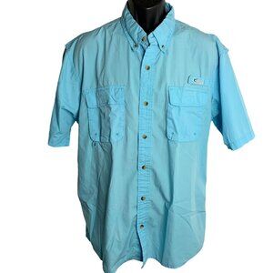 Vented Fishing Button Down Shirt XL Blue Pockets Short Sleeve Quick Dry Camp